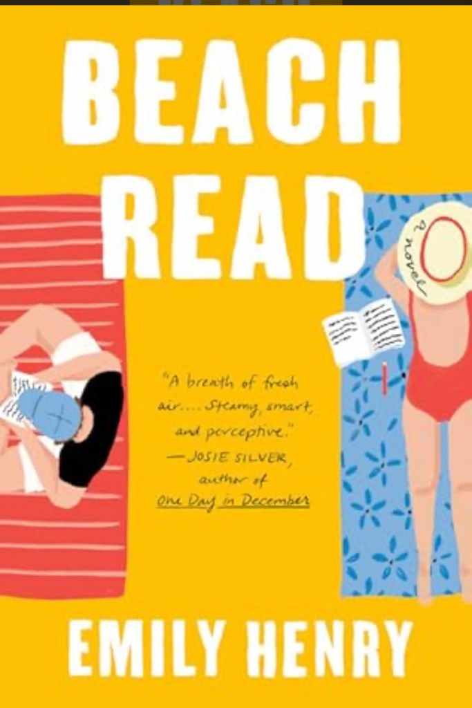 Book cover of 'Beach Read' by Emily Henry featuring two people relaxing on beach towels. One person is reading a book while the other holds a drink and sunglasses. The background is bright yellow with the title and author's name prominently displayed.