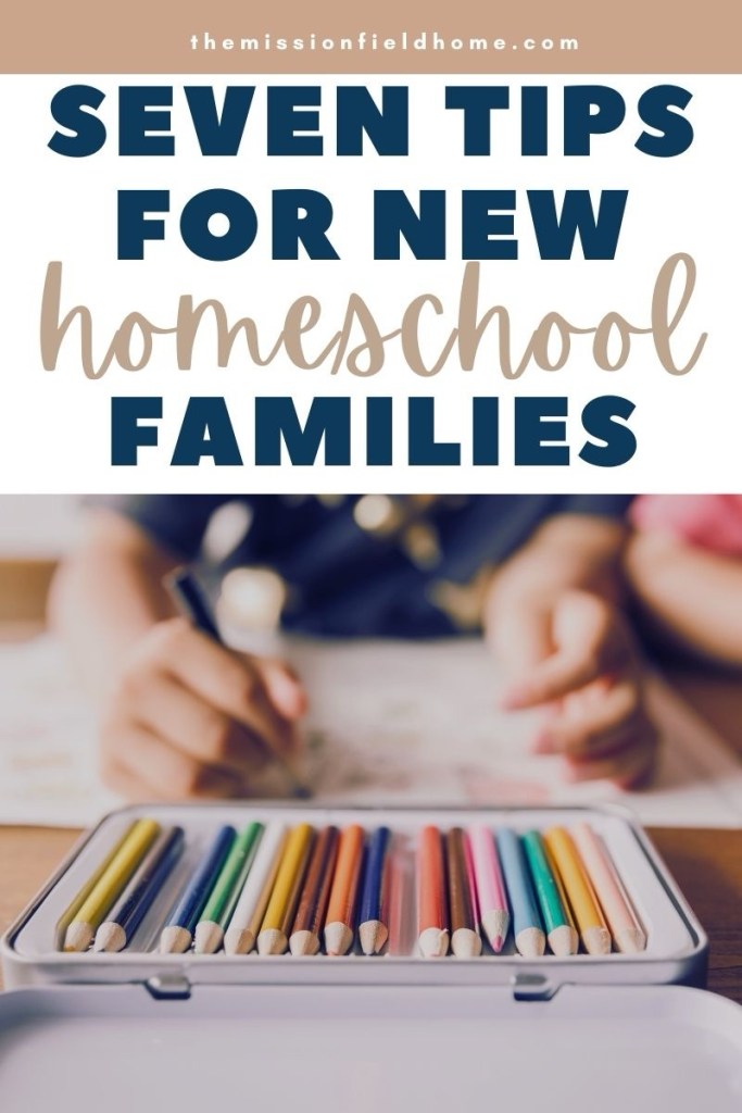A close-up of colored pencils in a tin container, with a child drawing in the background, illustrating creativity in homeschooling.